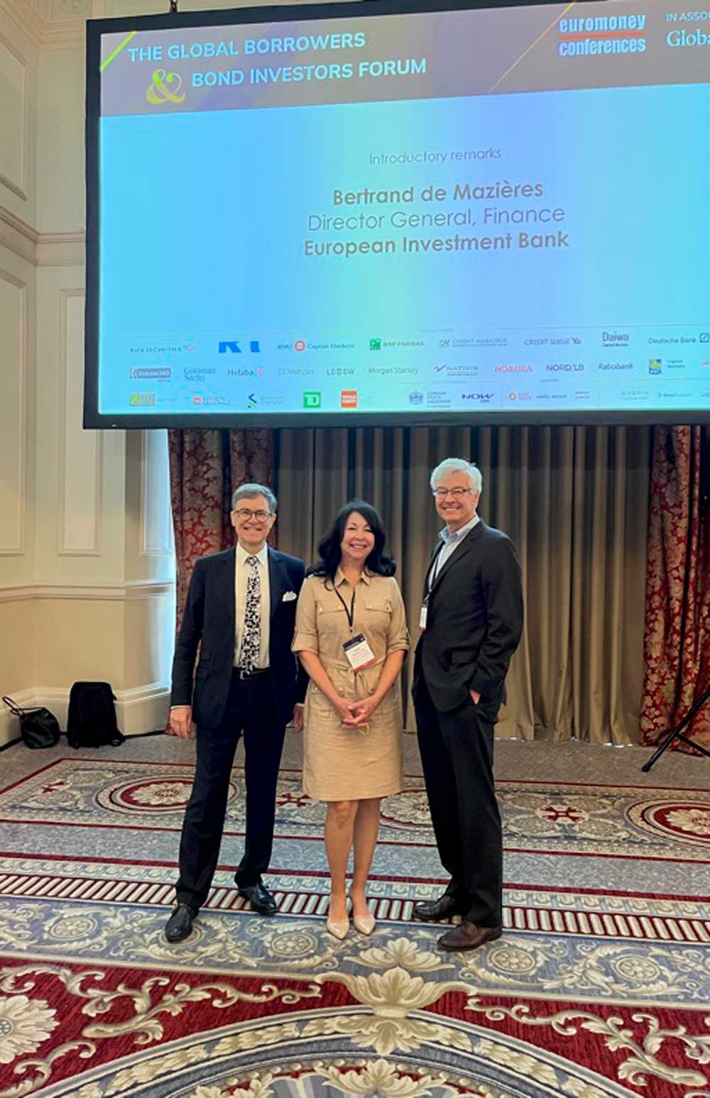 L-R; Bertrand de Mazières, Doris Herrera-Pol and Ken Lay at the The Global Borrowers and Bond Investors Forum in London, UK.