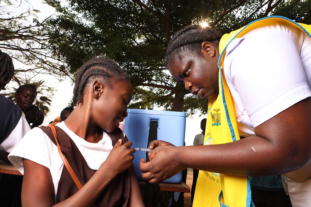 HPV vaccine to prevent cervical cancer is administered to school children at Matipula Primary School in Lusaka, Zambia. Credit: Gavi/2023/Peter Cates