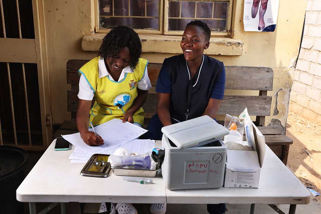 Health workers at Chongwe Rural Health Centre near Lusaka during a 6 day multi-age cohort vaccine campaign against HPV. Credit: Gavi/2023/Peter Cates