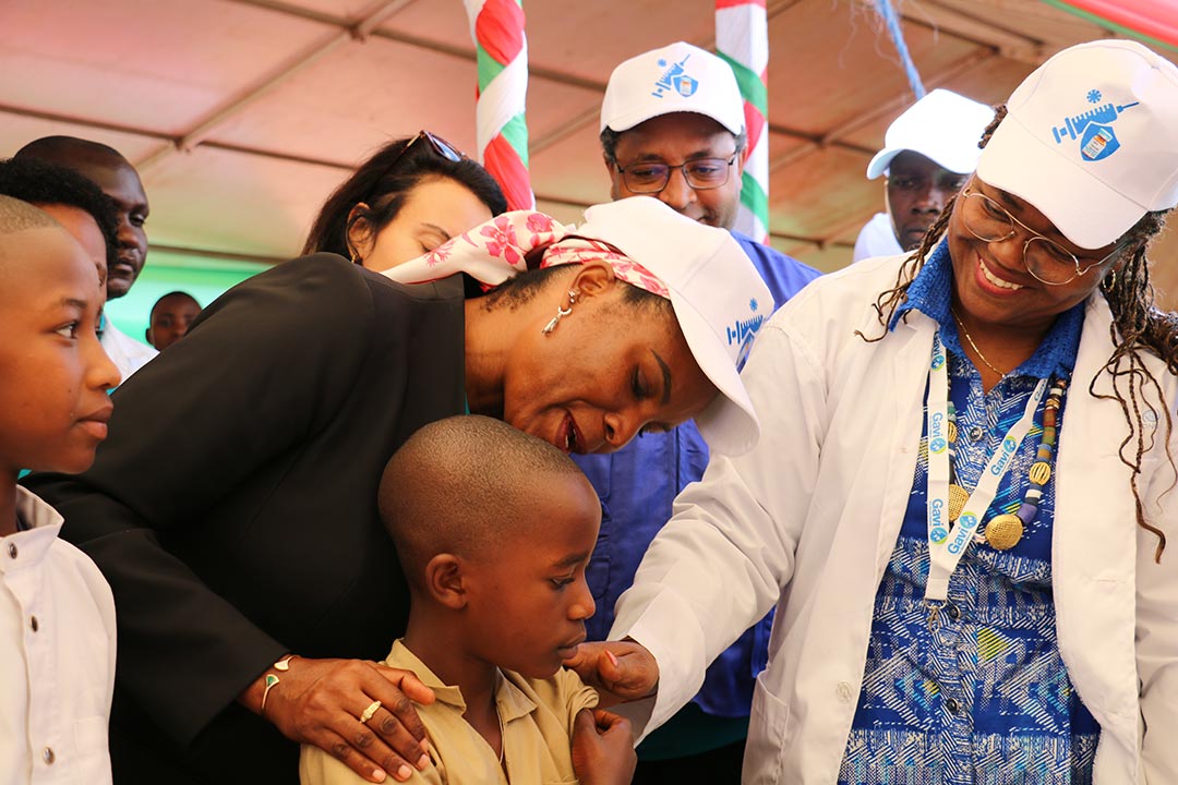 Left is Burundi First Lady and Dr. Marthe Sylvie Essengue Elouma, Director of Priority Countries at Gavi during the official rollout in Gitega on 29 April 2026. Credit: Moses Havyarimana 
